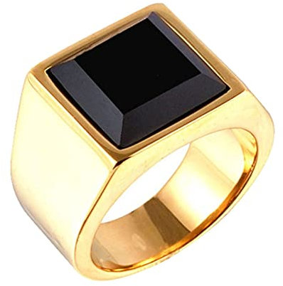 Homxi Herren Ringe Gothic,Ringe Quadrat mit Schwarz Stein Herrenring Edelstahl Gold Ringe Herren Größe 54 (17.2)