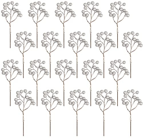 Fangoo 20 Pack 18cm Künstliche Silber Beeren für Weihnachtsbaum Deko Stechpalmenbeeren Zweige Dekorationen für Weihnachten Zuhause Holly Beeren für Handwerk Winter Urlaub Hochzeit Deko