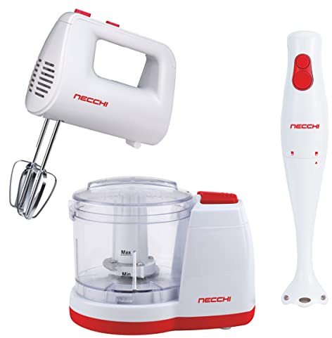 Necchi - frullatore 2 velocità asta staccabile lame SUS301, tritatutto con ciotola in plastica lame inox velocità pulse, Sbattitore elettrico 5 velocità 2 coppie di fruste acciaio inox, Set da 3