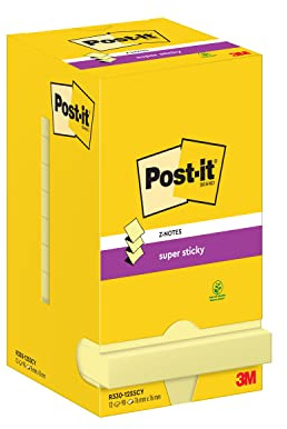 Post-it Super Sticky Z-Notes, 1080 Sheets, Value Pack of 12 Pads, 76 mm x 76 mm - Holds Strong to Many Surfaces - Canary Yellow - for Walls, Monitors and Fridge, Recycable