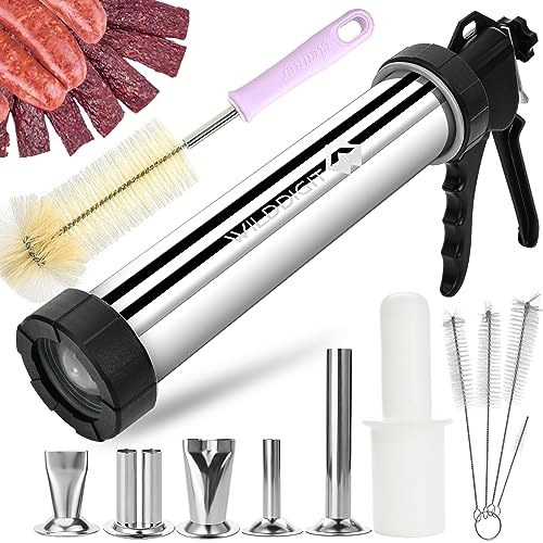 WILDDIGIT 3rd Gen Professional Jerky Gun Kit, Wurstfüller, Edelstahl Maker Shooter, Mit 5 Düsen, 1 Fleischschieber Und 5 Reinigungsbürsten | Profi Beef Jerky Maker mit 5 Düsen, 1 Fleischschieber & 5 Reinigungsbürsten für hausgemachtes Trockenfleisch & Wurst