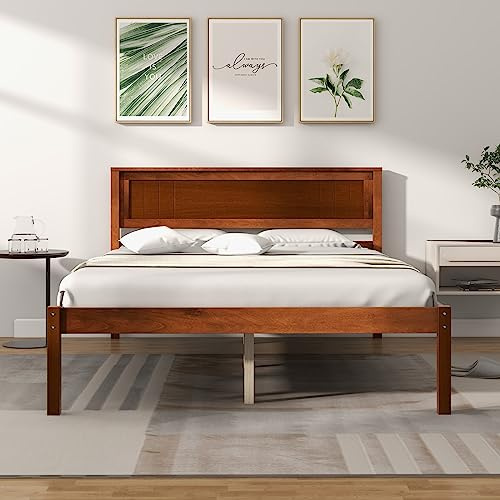 GIANTEX Wood Full Platform Bed with Headboard, Mid Century Solid Wood Bed Frame with Wood Slat Support, Wooden Mattress Foundation with 12 Under Bed Storage for Bedroom, Easy Assembly, Walnut