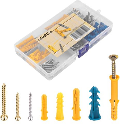 Set da 100 pezzi con viti per tubi di espansione, tasselli, viti per muri in cemento e tasselli in diverse dimensioni per sospensioni e installazioni in muratura.