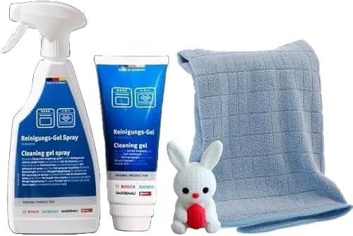 Gel tubetto 200 ml + gel forno spray 500 ml + panno morbido microfibra per forni compatibile con Bosch Siemens Neff Gaggenau + coniglietto mascotte bianco