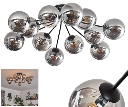 HOFSTEIN Deckenleuchte Gastor, Deckenlampe aus Metall/Glas in Schwarz/Rauchfarben, moderne Leuchte im Retro/Vintage-Design (Ø Schirme 15 cm), 12 x E14, Schlafzimmer, Wohnzimmer, Küche, Esszimmer