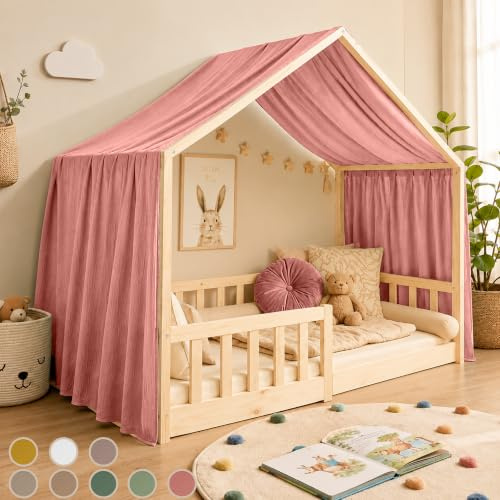 Hook Hausbett Himmel Deko Set, Betthimmel Hausbett aus Musselin - 1 Betthimmel & 1 Wimpelkette, für Jungen Mädchen Deko für Kinderzimmer, Baldachin Kinderzimmer Deko I 135 x 360cm Altrosa