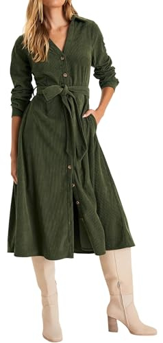 R.Vivimos Autumn Winter Women's Long Sleeve Button Down Midi Dress V Neck Tie Waist Corduroy Dresses Long Shirt Dress with Pockets(XLarge,ArmyGreen)