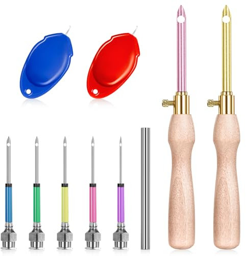 cobee 10 Stück Punch Needle Set, Einstellbare Stanznadel mit Austauschbaren Nadelröhren 5 Größen Stickerei Starter Kit Stanznadel mit Holzgriffen für Basteln Handwerk Stitching Kreuzstich
