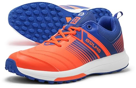 SOLM8 S2 Cricket Shoes Men Boys Junior Players - Advanced Grip Rubber Spikes for Turf/Grass, Ultralight Cushioning in Bright Colors (2025 Edition) - Orange Blue