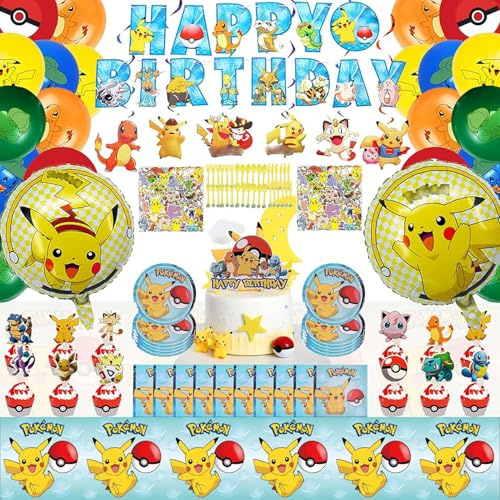 170 Geburtstagsdeko,Kinder Geburtstag Set, Kindergeburtstags Partyzubehör mit Happy Birthday Banner, Luftballons, Tischdecke, Servietten, Teller
