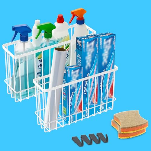 Cabinet Door Organizer 2Pcs, Foil and Plastic Wrap Organizer with 2 Sponges, Cabinet Door Storage with 2 Caddy Adhesive, for Aluminum Foil, Plastic Wrap, Wool Dryer Balls, White,(Medium, Large)