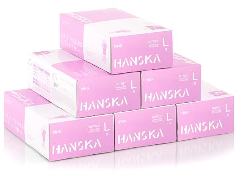 HANSKA 500 rosafarbene Nitril-Einweghandschuhe – puderfrei – Einweg – beidhändig tragbar – unsteril – Gummibasis – Geeignet für medizinische Bereiche und Lebensmittelverarbeitung (500, L)
