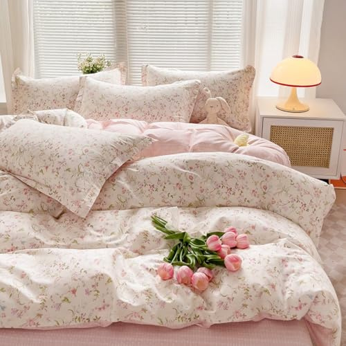 Sedefen Blumen Bettwäsche 135x200cm Weiß Rosa Grün Floral Mädchen Wendebettwäsche Set Blätter Pflanzen Muster Weich Microfaser ÖKO-TEX Bettbezug mit Reißverschluss und 1 Kissenbezug 80x80cm