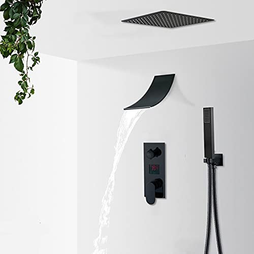 Handheld showerMatte Black Rainfall Waterfall Shower Faucet Set LCD Digital Display Shower System Set Bathroom 2/3 Way Shower Mixer 3 Way 8 Inch Waterfall A