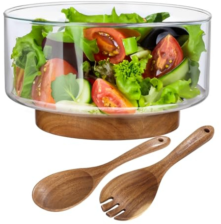 yeeplant Ensaladera grande de cristal con base de madera, capacidad de 3.8 cuartos de galón, incluye utensilios de madera, ideal para servir en reuniones familiares y fiestas