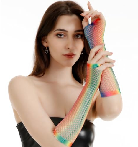 WUYJI Gloves & Handwear for Adults, 1 Paar fingerlose Netzhandschuhe für Damen im Vintage-Stil der 80er bunte mittellange Handschuhe geeignet für Kostümzubehör für Mottopartys