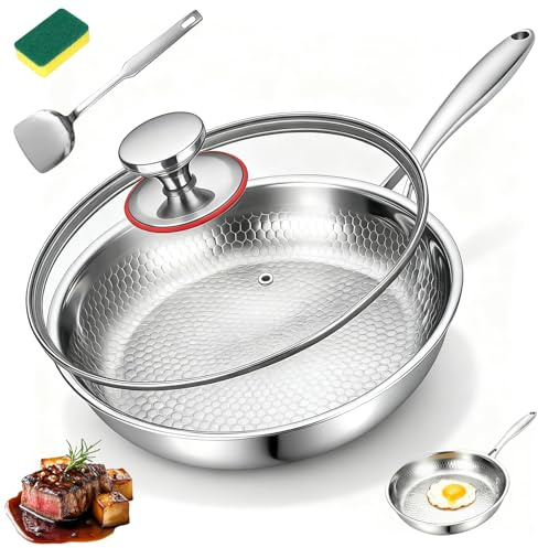 CISSIYOG Titan Poêle à frire 26 cm en titane avec motif martelé | Poêle en titane non revêtue avec éponge à récurer, couvercle et spatule, convient à tous les types de plaques de cuisson