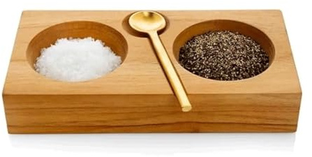 Jungengel Gewürzhalter Holz 2 Fächer mit Löffel - Salz Pfeffer Schale aus Buchenholz 20x10 cm, Gewürzbox mit Edelstahl Dosierlöffel Gold, Servierschale für Küche Tisch Gewürze Kräuter