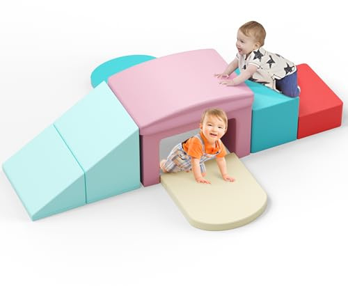 Brolteja Set softplay per bambini da 1 a 3 anni, torre da arrampicata con scivolo, grandi mattoncini per bambini (A)