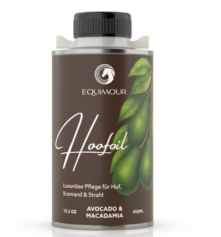 Equimour Huföl mit Pinsel für Pferde – Avocado & Macadamia – Hufpflege mit Vitamin E – für Huf, Kronrand & Strahl – natürlicher Glanz & gepflegte Optik – 450 ml