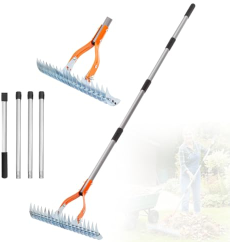 Râteau de scarificateur avec manche de 170 cm, en métal, amovible, râteau de scarification, râteau de scarification, râteau de scarification, râteau de scarification pour pelouse, jardin, cour