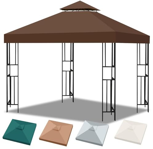 Telo Gazebo 3x3 m Impermeabile Anti-UV, 2 Livelli Tetto di Ricambio per Gazebo, Tenda da Sole Gazebo Rimovibile, 300D Poliestere Telo Ricambio Gazebo per Giardino, Patio, Esterni (Marrone)
