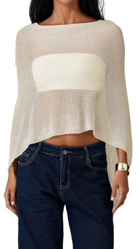 Loalirando Cape Femme en Maille Ajourée, Style Poncho Asymétrique à Manches Chauve-Souris