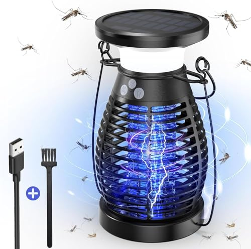 Solar Insektenvernichter Elektrisch, Mückenfalle mit 4200V Hochspannungsgitter, USB-C & Solar Aufladung 4000mAh Akku, IP66 Wasserdicht, Elektrische Fliegenklatsche für Haus, Garten, Camping