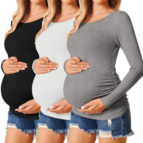 Ekouaer 3-pack mammamode långärmad skjorta sidoprimring graviditet, Svart + vit + grå, XXL