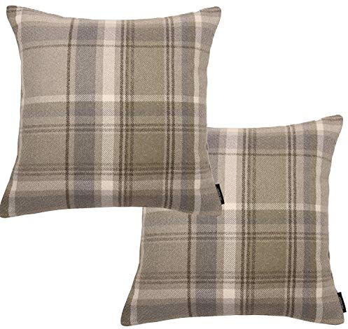 McAlister Textiles uppsättning av 2 arv naturlig beige tartan rutigt kuddfodral fyrkantiga prydnadskuddar för säng eller soffa 43 x 43 cm - 17 x 17 tum