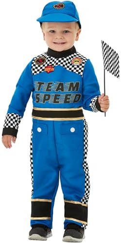 Smiffys Disfraz de conductor de coche de carreras para niños pequeños, Azul, con mono, gorra y bandera Halloween, Carnaval