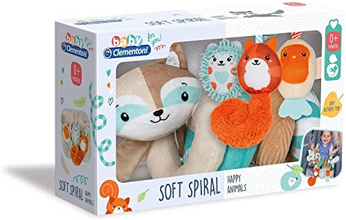 Clementoni 17320 Aktivitäts-Spirale, Plüschtier für Kinderwagen & Kinderbett, Kuscheltier mit verschiedenen Materialien, Stofftier für Babys & Kleinkinder, Spielzeug mit Rassel