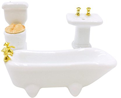 SM SunniMix 1/24 Dollhouse Miniature Bathroom Furnishing Toy, Ceramic Bathtub Toilet Sink White