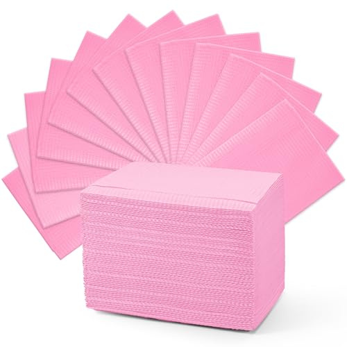 Annhua 60 Pcs Dental Bibs Disposable Tattoo Bibs, 13 X 18 Splashproof Dentist Bib Sheets 3 Ply for Dental Clinic, Beauty Salons, Nail Art, Tattoo Preparation, and General Cleaning - Pink
