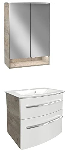 FACKELMANN Badmöbel Set B.Style 3-TLG. weiß-Dunkelbraun & Mineralgusswaschbecken & LED Spiegelschrank 60 cm - Made in Germany