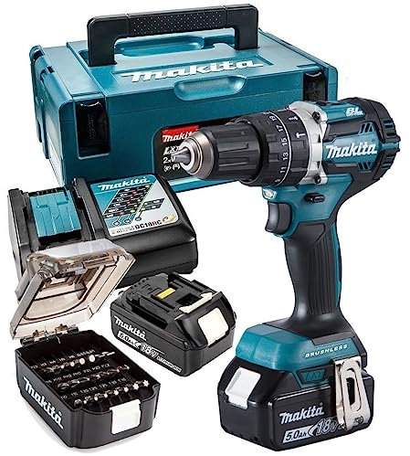 Makita DHP484TJX9 18V Li-ion LXT Brushless 50th Anniversary Combi Drill Complete with 2 x 5.0 Ah Batteries, Charger and Screw Bit Set Supplied in a Makpac Case