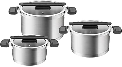 Tescoma - 779610, Compact, Set de casseroles en acier inoxydable, antiadhésif, avec couvercle, 6 pièces, empilables, peu encombrants, lavables au lave-vaisselle