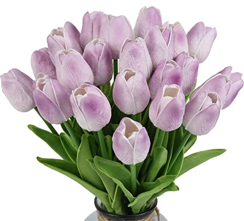 IPOPU Real Touch lila tulpaner - 24 st konstgjorda blommor för dekoration - falska tulpaner - ljuslila - hem- och köksdekor