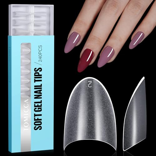 TOMICCA Short Almond French Edge Nail Tips, 240pcs Half Cover False Nails, Clear Matte False Nails, Acrylic Nail Tips, Artificial Nails Tips for Acrylic Extensions, Salon Nails 12 Sizes