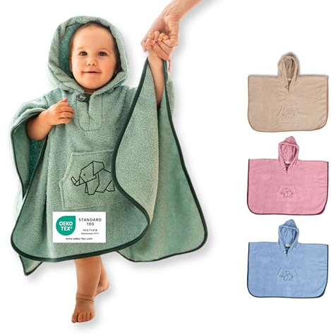 ULLENBOOM Badeponcho für Babys 1-3 Jahre - 100% OEKO-TEX zertifiziert | Frottee aus 100% Baumwolle, Schadstoffgeprüft und waschbar, Saugstark, Ideal als Badetuch oder Bademantel