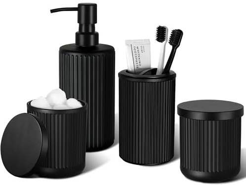 KASUNTING Matte Black Bathroom Accessories Set, 4 Pcs Glass Bathroom Accessory Set, Soap Dispenser, Toothbrush Holder, Qtip Holder Set, Bathroom Sets Complete, Bathroom Sink Set for Modern Home Decor
