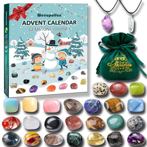 Calendario de Adviento 2025-Calendario de Cuenta Regresiva Navideña de 24 días de Cristales, Piedras Preciosas, Colección de Piedras Minerales y Rocas Naturales con Collar y Bolsas de Navidad