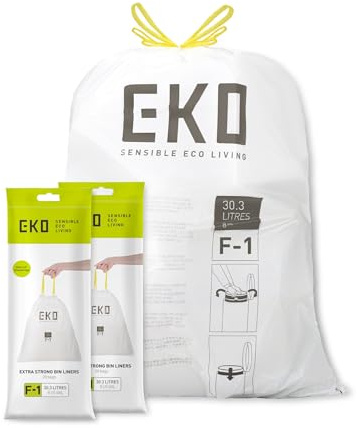 EKO Size F-1 Bin Liners For Dual Compartment Kitchen Bins - 18-28 Litre Capacity - Extra Strong Bags with Drawstring Tie Handles - 20 Bags, White (Pack of 2)