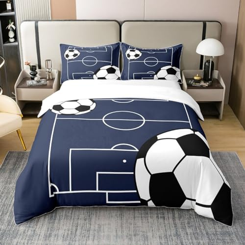 100% Nature Cotton Cartoon Football Pattern Duvet Cover Full Size,Watercolor Black White Geometric Hexagon Bedding Set (Not Comforter),Retro Abstract Football Field Comforter Cover Bedding 3 Piece