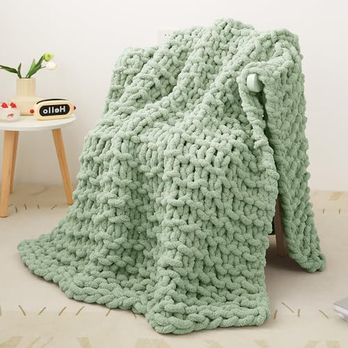 Decke Grob Gestrickte, Grobstrick-überwurf Strickwolle Dickes Garn, 100% Dicke Wolle Zum Handstricken Strickdecke, überwürfe Für Sofa Gestrickte Bettüberwurf-DeckenFürBetten, 101x127cm, Hellgrün