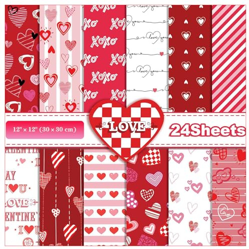 ZAKHSE Motivpapier Valentinstag, 24 Blätter Designpapier 30x30cm, Liebe Herzen Doppelseitig Bedruckt Scrapbooking Paket, 12 Designs, Bastelpapier Bunt Gemusterte Dekopapier für Karten Gestaltung-Rot
