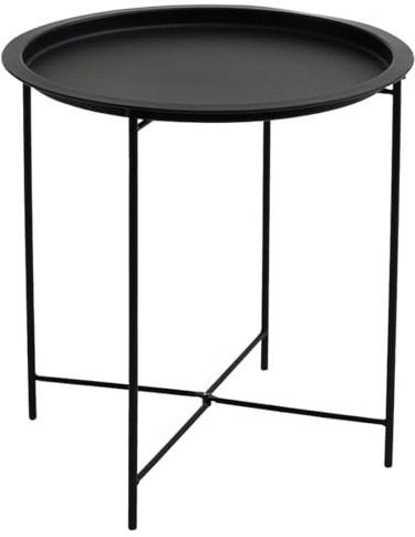 Acomoda Textil – Mesa Auxiliar Plegable de Metal para Recibidor, Salón y Oficina. Mesita de Café Redonda para Centro con Bandeja Extraíble Decorativa, Cómoda y Ligera 47x51 cm. (Negro)