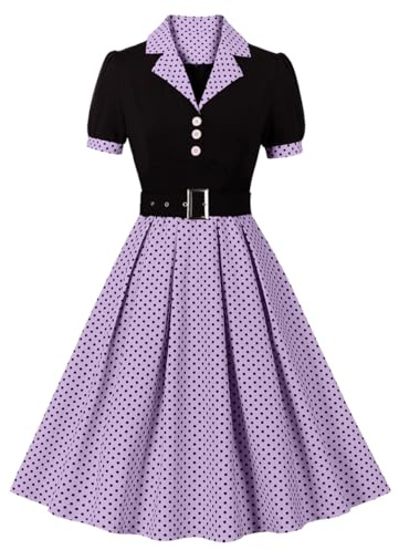 Rockabilly - Vestido vintage de los años 50 para mujer, manga corta, cuello de pico, lunares, oscilante, vestido de coctail, boda, festivo, hasta la rodilla