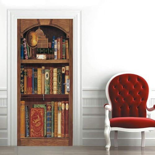 Türtapete Selbstklebend 77x200 cm Türfolie Selbstklebend Retro-Bücherregal Türaufkleber Türposter Bücherregal Türsticker Fototapete 3D Effekt für Schlafzimmer Wohnzimmer Küche 74A