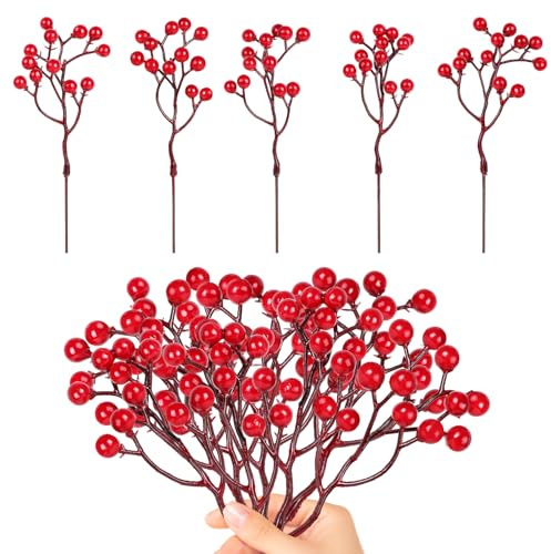 DERAYEE Künstliche Dekoration mit roten Beeren, 20 Stück, 17,5 cm, Zweige rote Beeren, Stechpalmenbeeren, Weihnachtsdekoration, Winterdekoration des Hauses